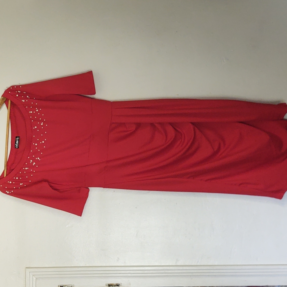 Red Off the shoulder Pearl Embellished Midi  Dress s XL women's